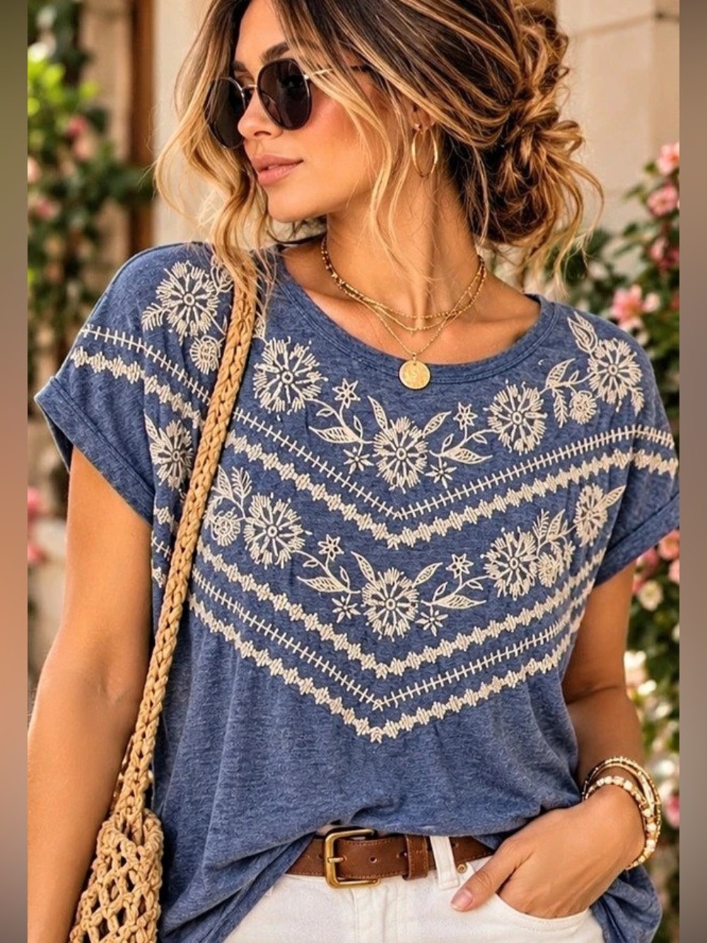 JW Los Angeles Joy Love Light Embroidered Boho Top Blue Size L